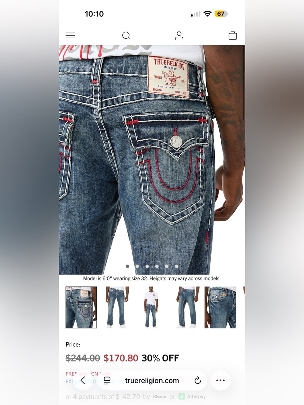 True Religion Men’s Washed Blue Jeans with Red Stitching